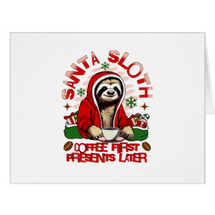 Santa sloth sipping coffee