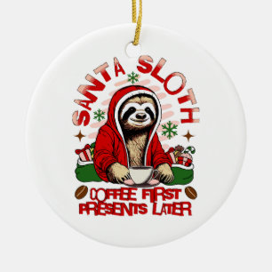 Santa sloth sipping coffee ceramic ornament