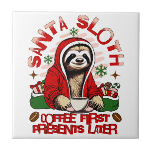 Santa sloth sipping coffee ceramic tile