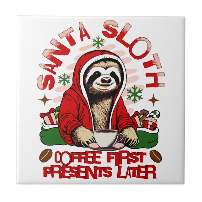 Santa sloth sipping coffee  ceramic tile (Front)