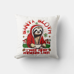 Santa sloth sipping coffee cushion