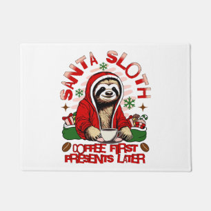 Santa sloth sipping coffee doormat