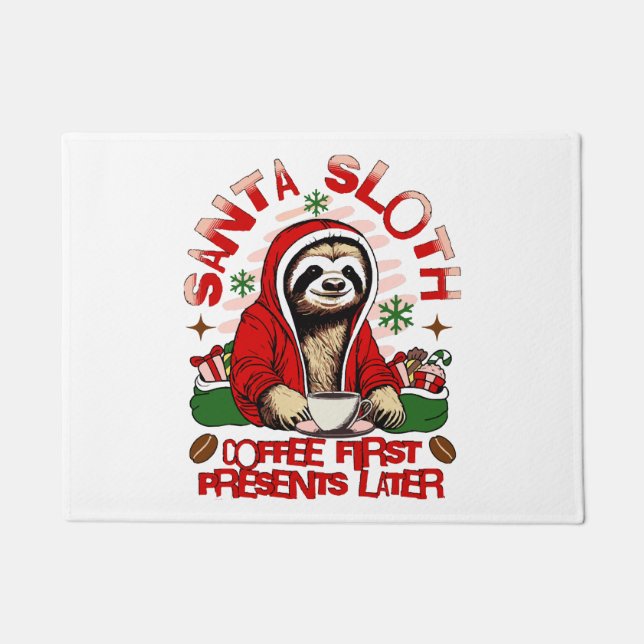 Santa sloth sipping coffee  doormat (Front)