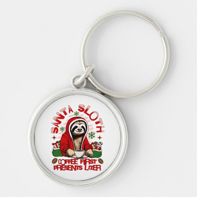 Santa sloth sipping coffee  key ring (Front)
