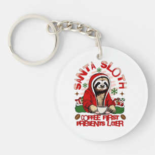 Santa sloth sipping coffee key ring