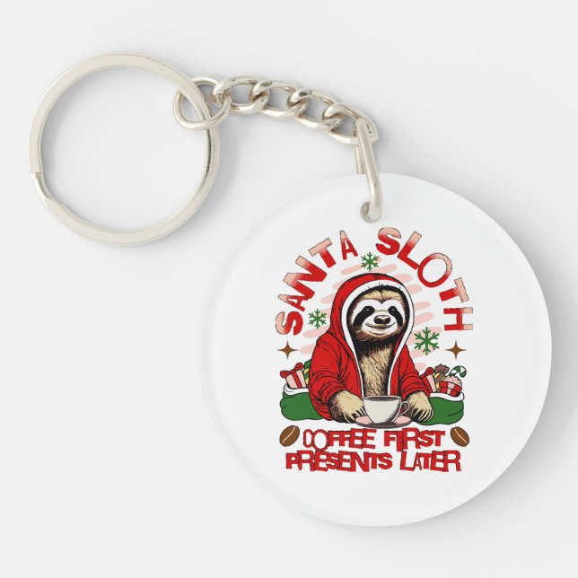 Santa sloth sipping coffee  key ring (Front)