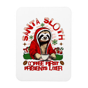 Santa sloth sipping coffee magnet