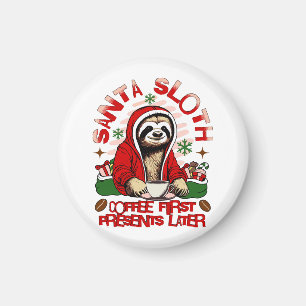 Santa sloth sipping coffee magnet