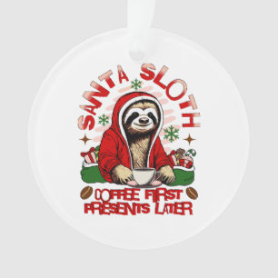 Santa sloth sipping coffee ornament