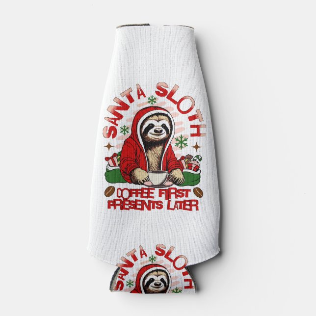 Santa sloth sipping coffee Santa sloth sipping cof Bottle Cooler (Front)