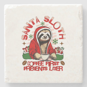 Santa sloth sipping coffee stone coaster