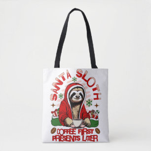 Santa sloth sipping coffee tote bag
