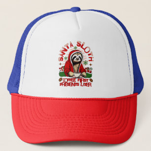 Santa sloth sipping coffee  trucker hat