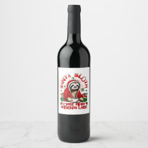 Santa sloth sipping coffee wine label
