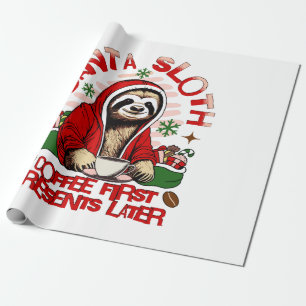 Santa sloth sipping coffee wrapping paper
