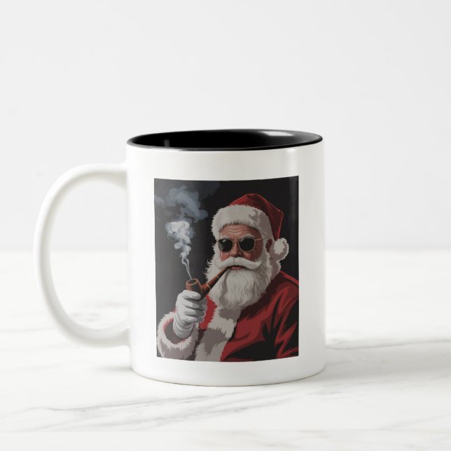 Santa Smoking Party Funny Christmas Holiday  Two-Tone Coffee Mug (Left)