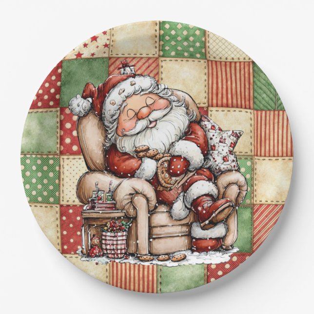 Santa Snoozing On Christmas Eve Paper Plate (Front)