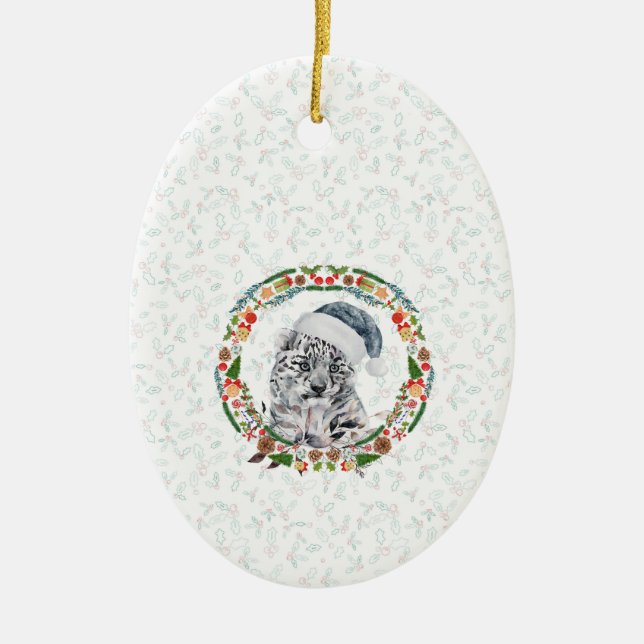 Santa Snow Leopard Ceramic Ornament (Front)