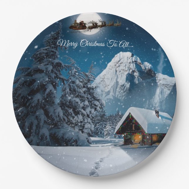 Santa Snow Scene Merry Christmas To All Paper Paper Plate (Front)