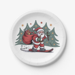 Santa Snowboarding Christmas Present Snowboarder Paper Plate