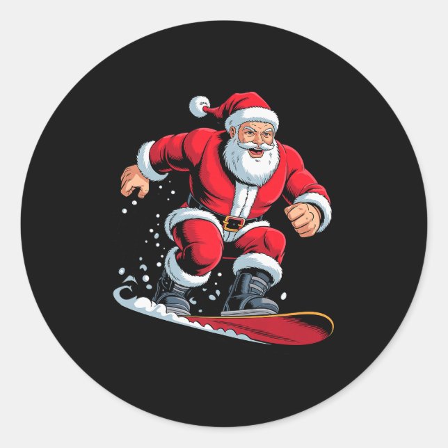 Santa Snowboarding Lover Funny Holiday Christmas X Classic Round Sticker (Front)