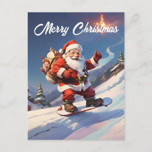 Santa snowboarding on mountain holiday postcard