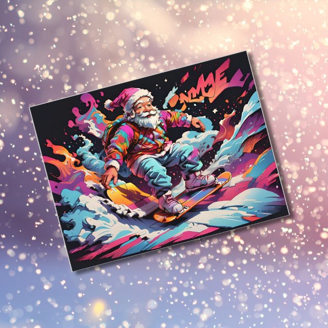 Santa snowboarding Psychedelic colours Holiday Postcard (Creator Uploaded)
