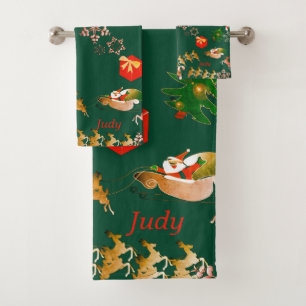 Santa Snowflakes and Reindeer Christmas Drk Green Bath Towel Set