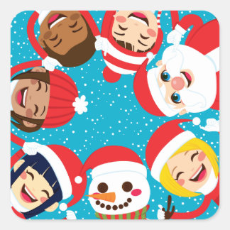 Santa Snowman And Children Holding Hands Square Sticker