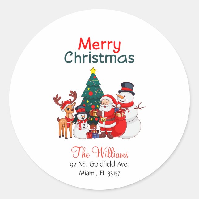 Santa, Snowman And Reindeer Merry Christmas Classic Round Sticker (Front)