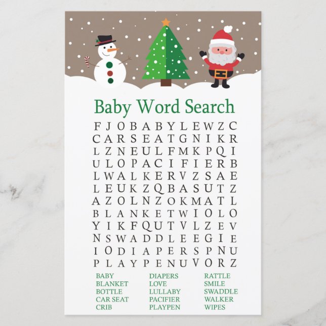 Santa,snowman Baby Shower Word Search Game (Front)
