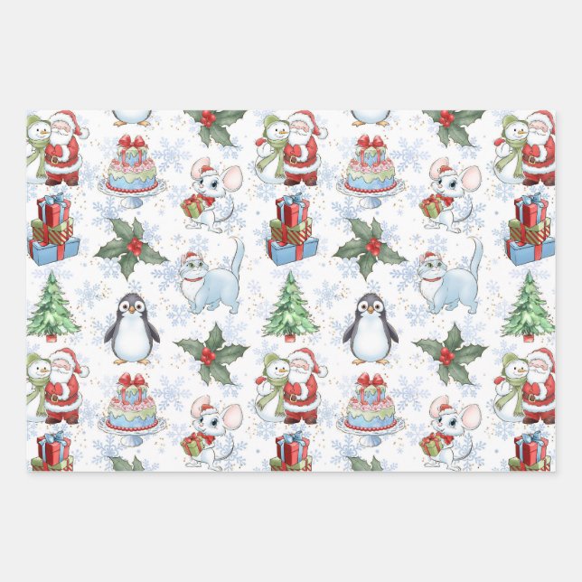 Santa Snowman Cat Penguin Wrapping Paper (Front)