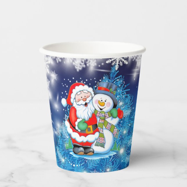 Santa Snowman Christmas Party Optional Lid Paper Cups (Front)