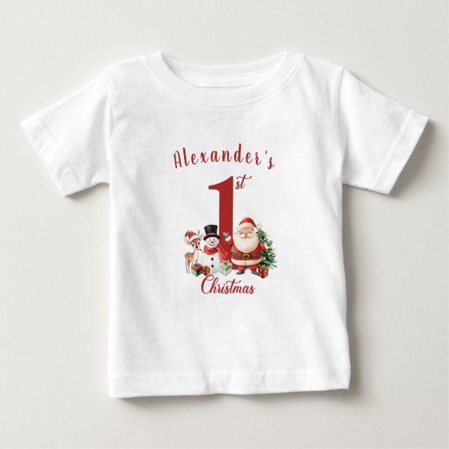 Santa, snowman, deer Baby's First Christmas Baby T-Shirt (Front)