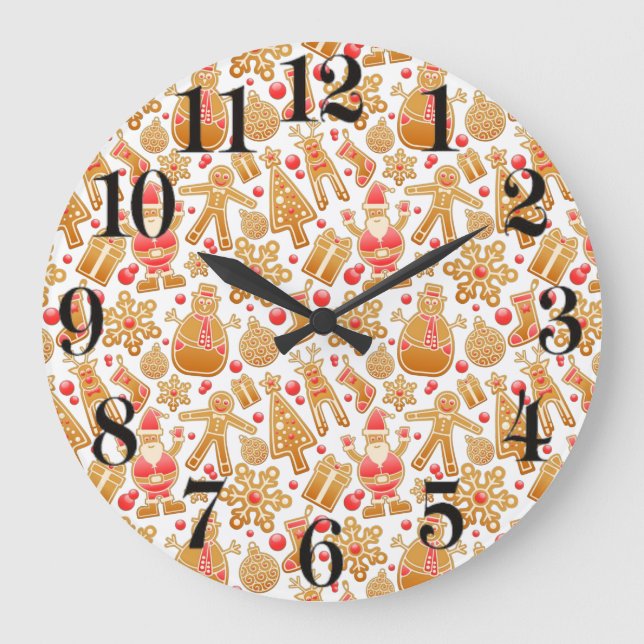 Santa & Snowman Gingerbread Christmas Cookies Large Clock (Front)