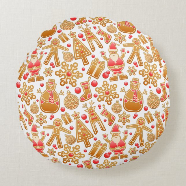 Santa & Snowman Gingerbread Christmas Cookies Round Cushion (Front)