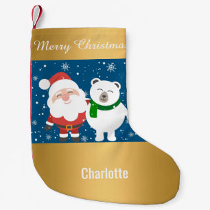 Santa Snowman Gold Christmas Stocking customisable