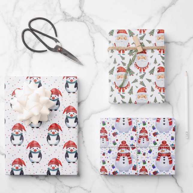 Santa, Snowman, Penguin Christmas Themed  Wrapping Paper Sheet (Front)