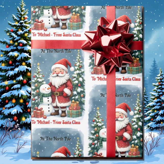 Santa & Snowman Personalise Name Kid's Christmas Wrapping Paper (Creator Uploaded)