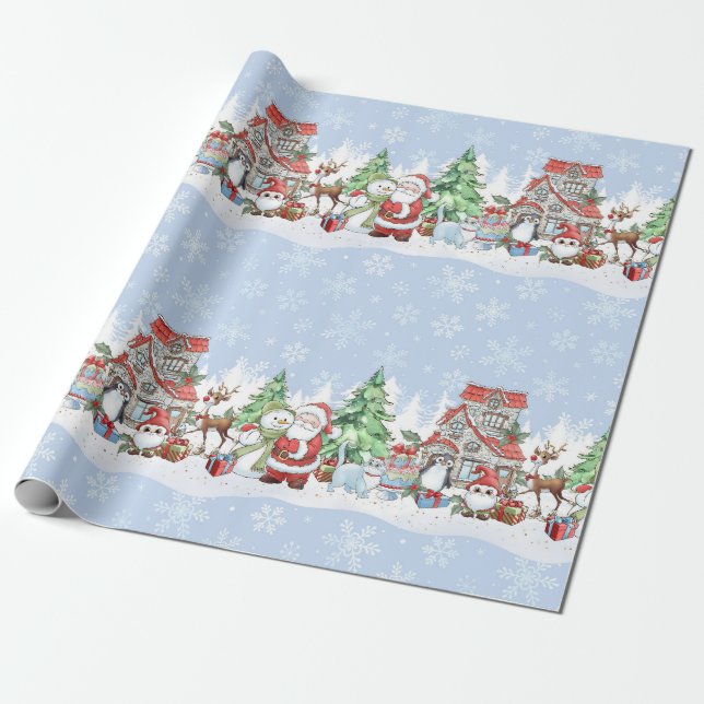 Santa Snowman Reindeer Christmas Wrapping Paper (Unrolled)