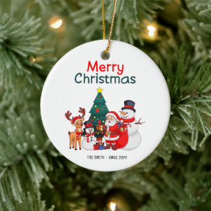 Santa, Snowman & Reindeer Merry Christmas  Ceramic Ornament
