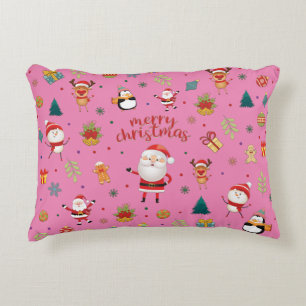 Santa, Snowman, Reindeer Pattern Merry Christmas. Decorative Cushion