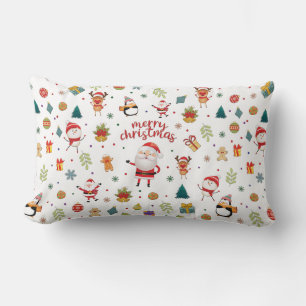 Santa, Snowman, Reindeer Pattern Merry Christmas. Lumbar Cushion