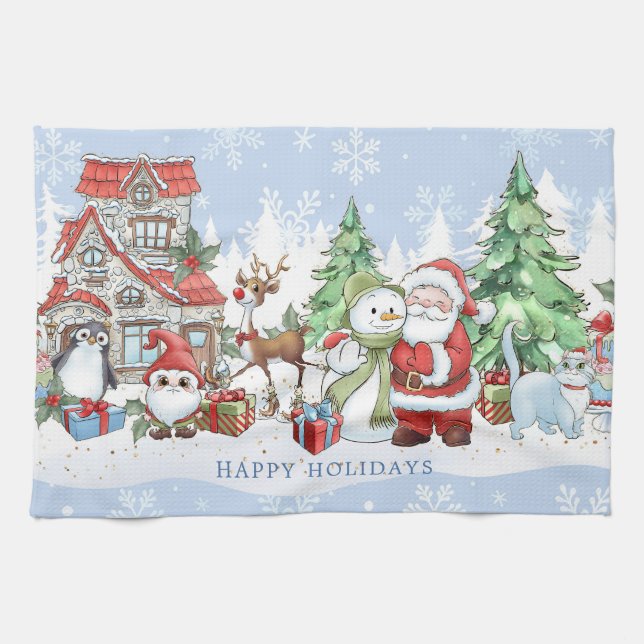 Santa Snowman Rudolph Penguin Christmas Tea Towel (Horizontal)