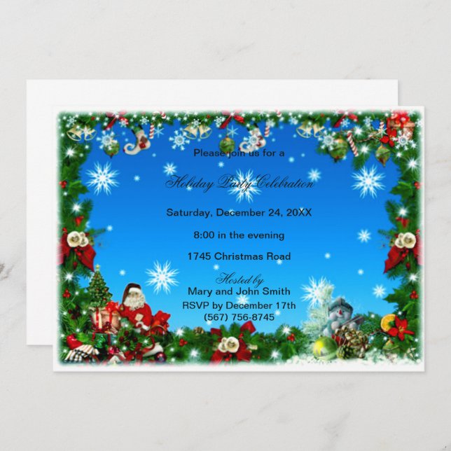 Santa Snowman Snowflakes Christmas Party Invite (Front/Back)