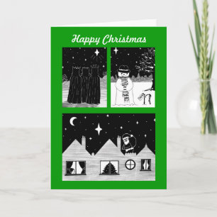 santa snowman three kings black and white xmas holiday card