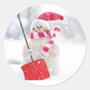 Santa Snowman with Red Shovel  Classic Round Sticker