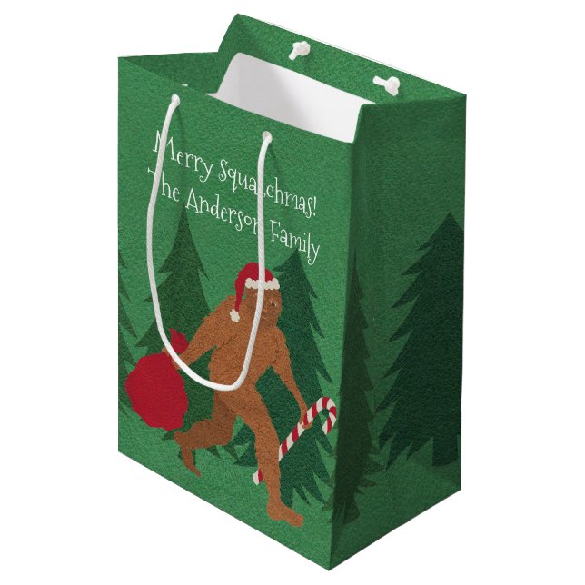 Santa Squatch Christmas Medium Cartoon Bigfoot Gift Bag (Front Angled)