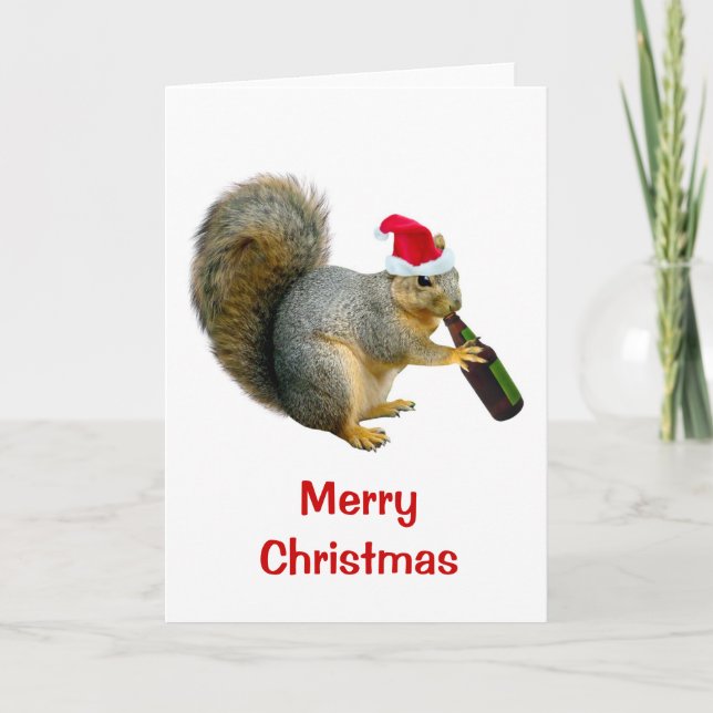 Santa Squirrel Drinking Beer Holiday Card (Front)