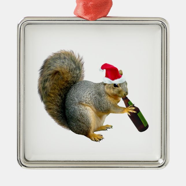Santa Squirrel Drinking Beer Metal Ornament (Front)